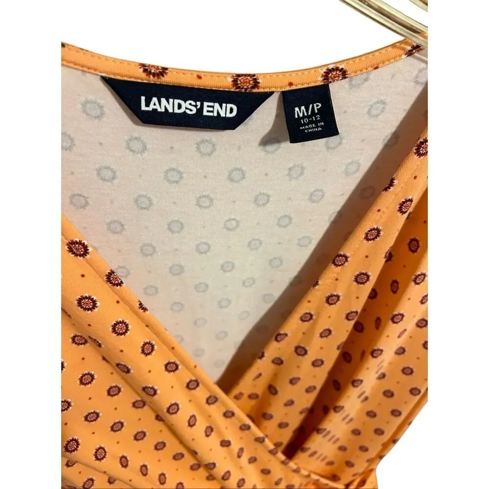 Lands' End Coral Print V-Neck Draped Wrap Midi Dress Size M/P 10-12